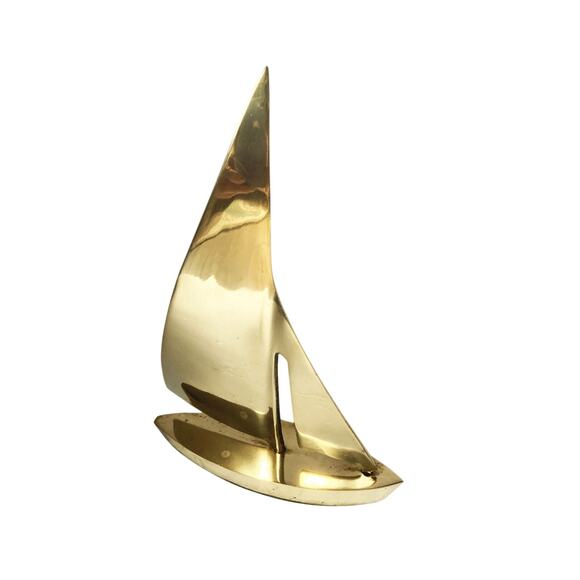 Vintage 60s Brass Sailboat Set of 2 Nautical Decor Beach Boho Brass Ocean Theme - Picture 5 of 12